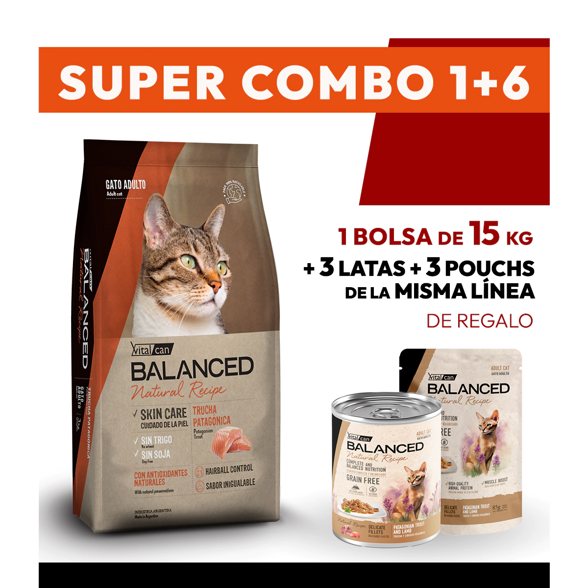 COMBO Alimento VitalCan Balanced Natural Recipe Gato Adulto con Trucha Patagonica x 15kg + 3 LATAS + 3 POUCHS DE REGALO