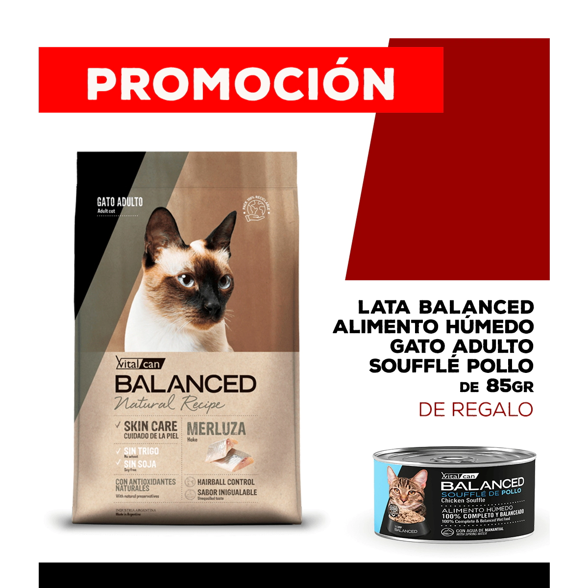 Alimento VitalCan Balanced Natural Recipe Gato Adulto con Merluza x 3 kg + Balanced Souffl� Gato Adulto Sabor Pollo Lata x 85gr DE REGALO