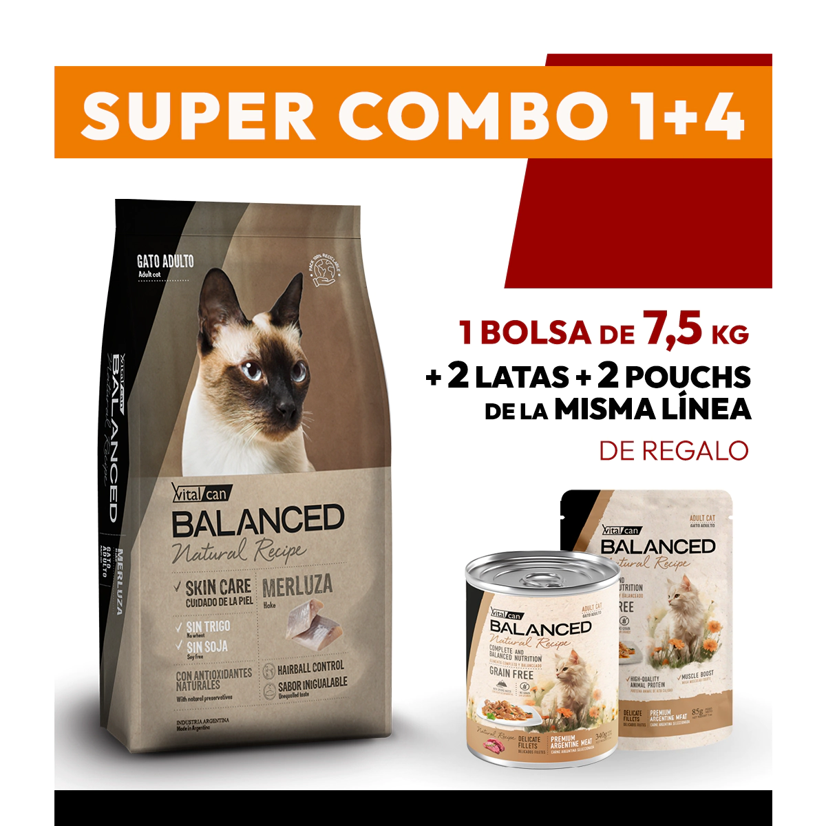 COMBO Alimento VitalCan Balanced Natural Recipe Gato Adulto con Merluza x 7.5kg + 2 LATAS + 2 POUCHS DE REGALO