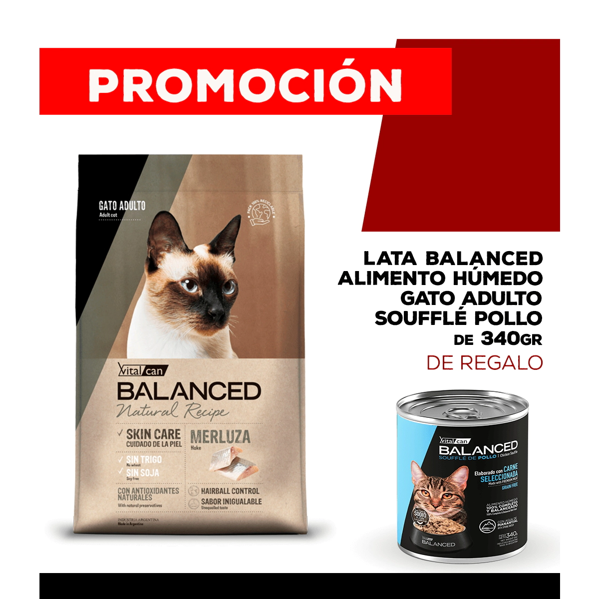 Alimento VitalCan Balanced Natural Recipe Gato Adulto con Merluza x 15kg + Balanced Souffl� Gato Adulto Sabor Pollo Lata x 340gr DE REGALO