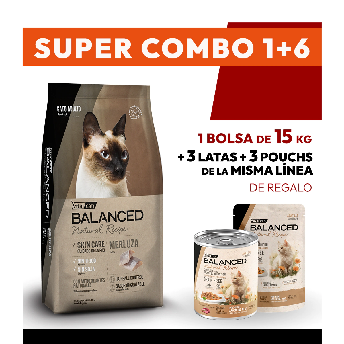 COMBO Alimento VitalCan Balanced Natural Recipe Gato Adulto con Merluza x 15kg + 3 LATAS + 3 POUCHS DE REGALO