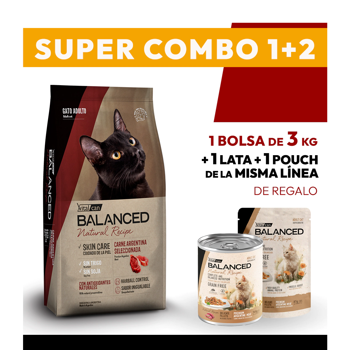 COMBO Alimento VitalCan Balanced Natural Recipe Gato Adulto con Carne Argentina x 3kg + 1 LATA + 1 POUCH DE REGALO