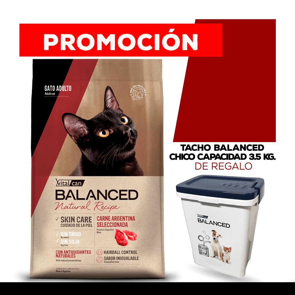Alimento VitalCan Balanced Natural Recipe Gato Adulto con Carne Argentina x 7,5 kg + TACHO CHICO BALANCED DE REGALO
