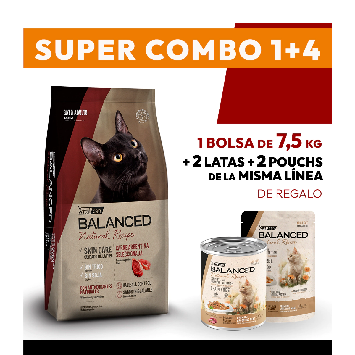 COMBO Alimento VitalCan Balanced Natural Recipe Gato Adulto con Carne Argentina x 7.5kg + 2 LATAS + 2 POUCHS DE REGALO