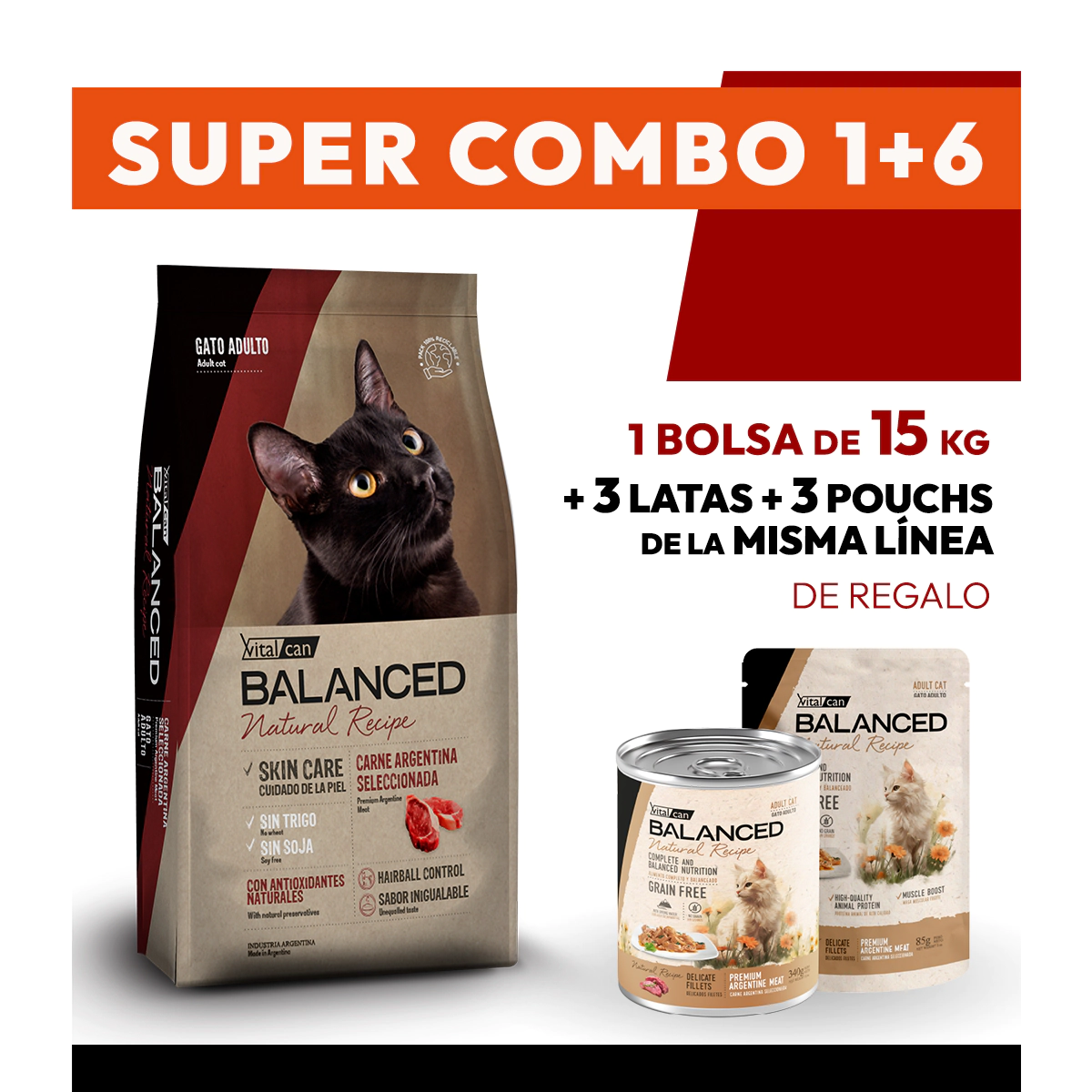COMBO Alimento VitalCan Balanced Natural Recipe Gato Adulto con Carne Argentina x 15kg + 3 LATAS + 3 POUCHS DE REGALO