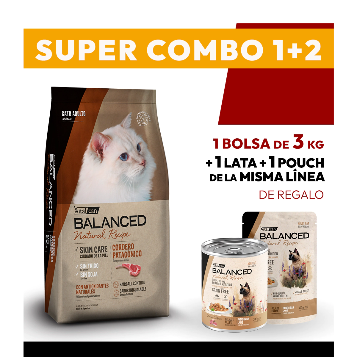 COMBO Alimento VitalCan Balanced Natural Recipe Gato Adulto con Cordero Patagonico x 3kg + 1 LATA + 1 POUCH DE REGALO