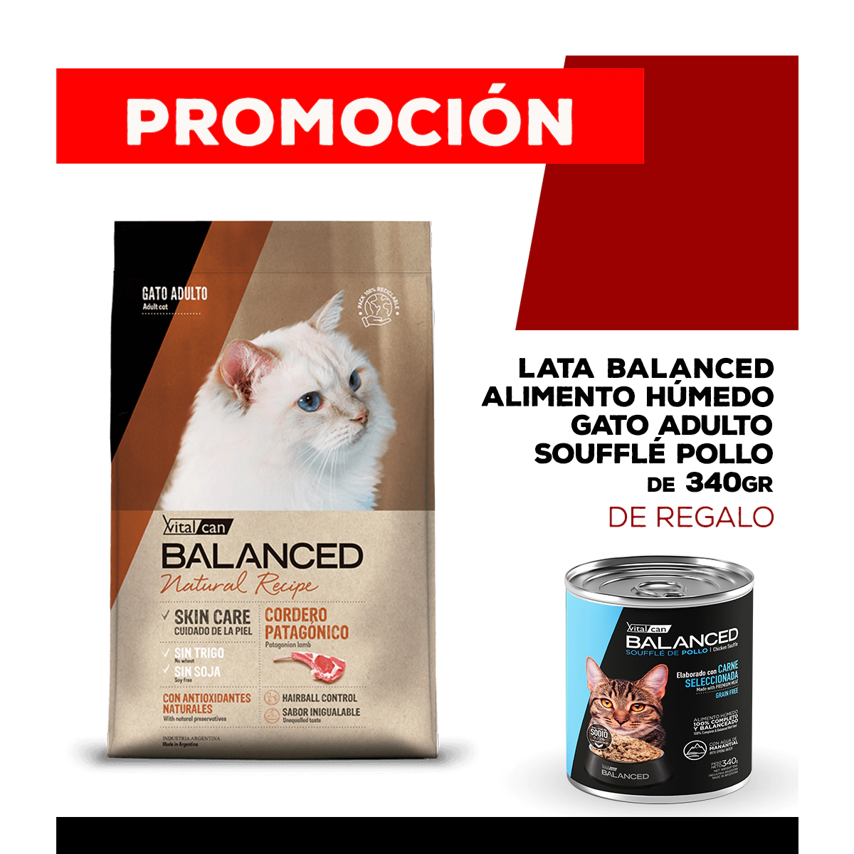 Alimento VitalCan Balanced Natural Recipe Gato Adulto Cordero Patag�nico x 15kg  + Balanced Souffl� Gato Adulto Castrado Sabor Pollo Lata x 340gr DE REGALO