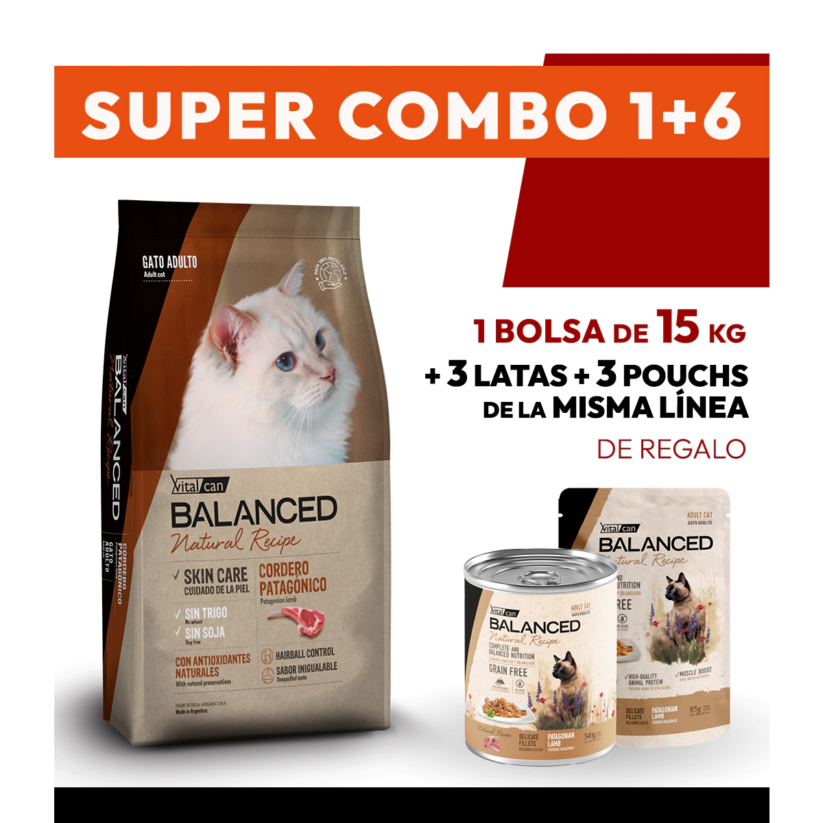 COMBO Alimento VitalCan Balanced Natural Recipe Gato Adulto con Cordero Patagonico x 15kg + 3 LATAS + 3 POUCHS DE REGALO