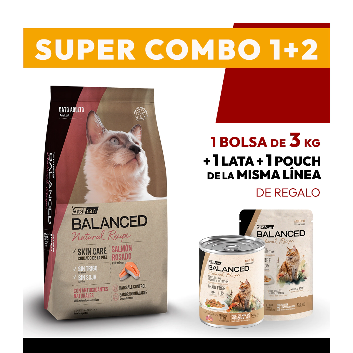 COMBO Alimento VitalCan Balanced Natural Recipe Gato Adulto con Salm�n Rosado x 3kg + 1 LATAS + 1 POUCHS DE REGALO