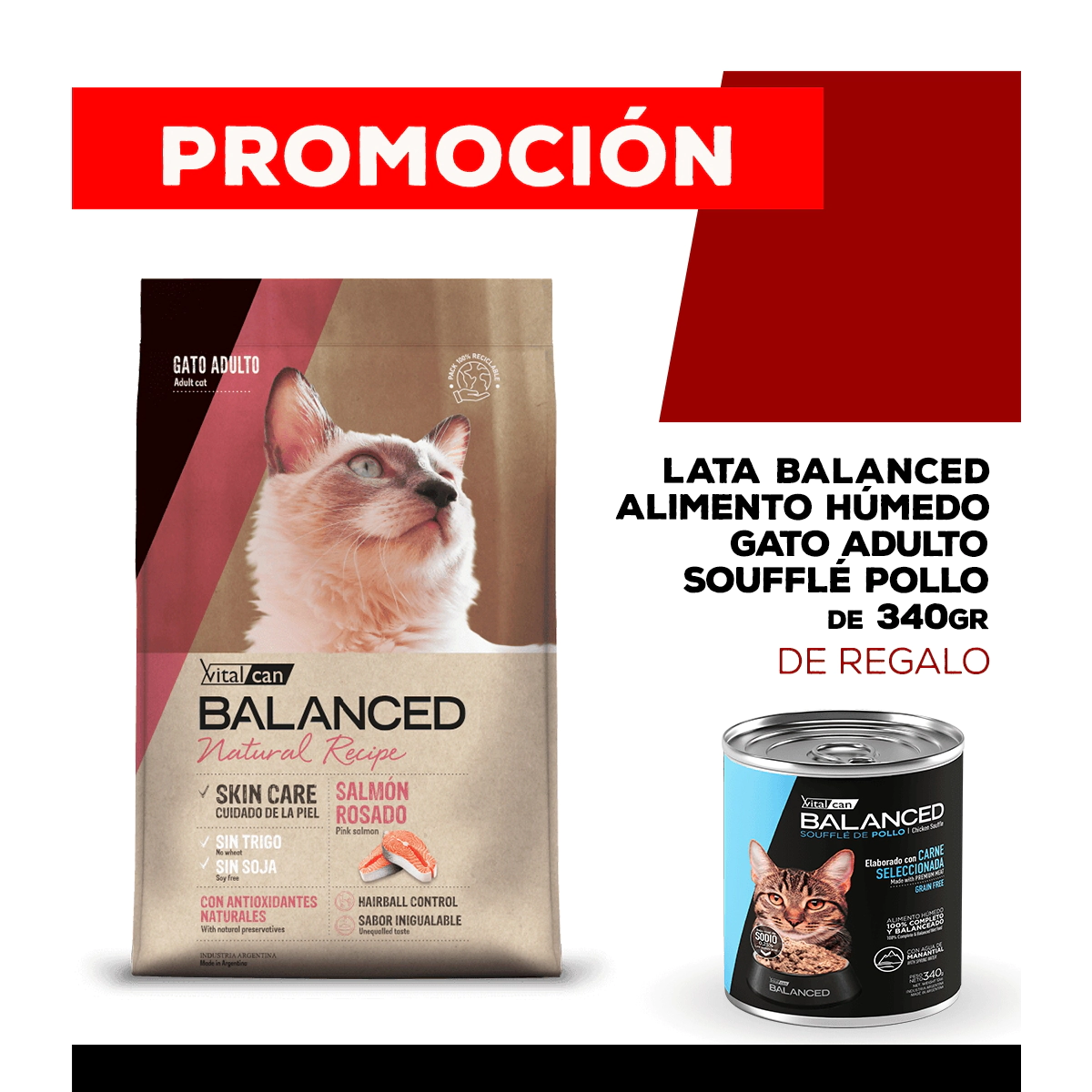 Alimento VitalCan Balanced Natural Recipe Gato Adulto con Salm�n x 15kg + Balanced Souffl� Gato Adulto Sabor Pollo Lata x 340gr DE REGALO