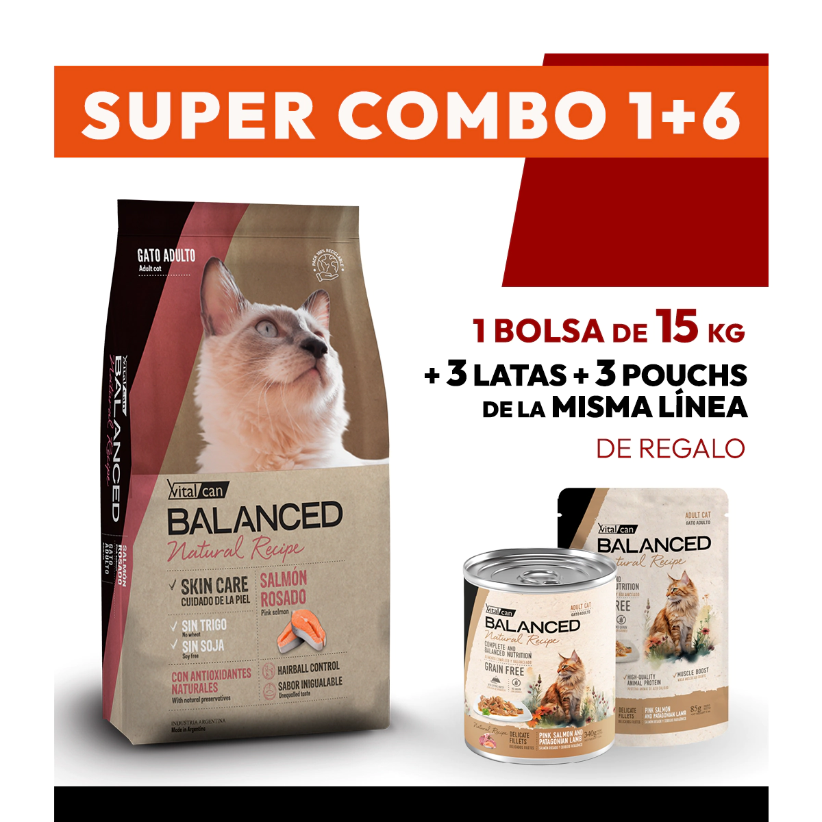 COMBO Alimento VitalCan Balanced Natural Recipe Gato Adulto con Salm�n Rosado x 15kg + 3 LATAS + 3 POUCHS DE REGALO