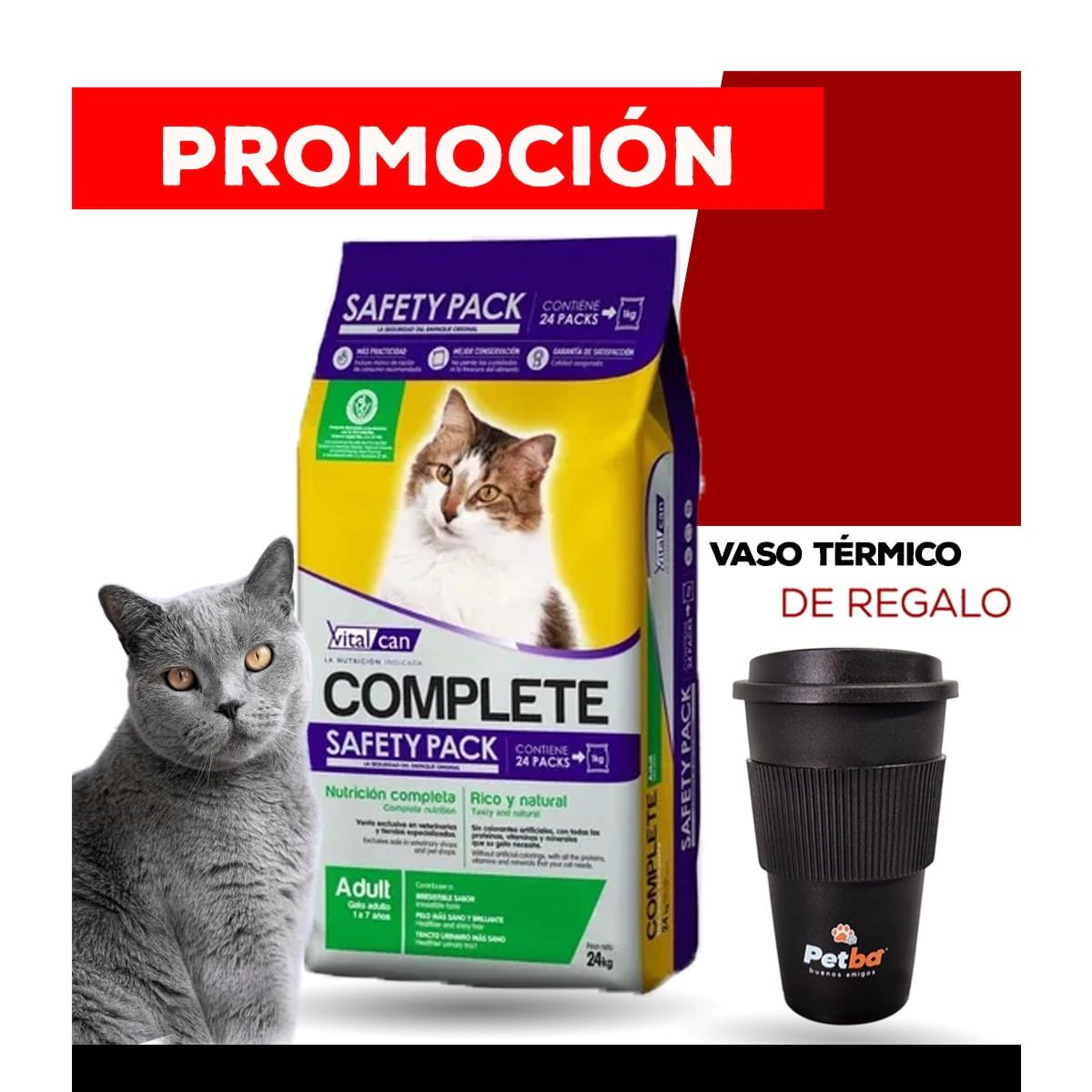 Alimento VitalCan Complete Gato Adulto Safety Pack x 24kg + VASO T�RMICO PETBA DE REGALO