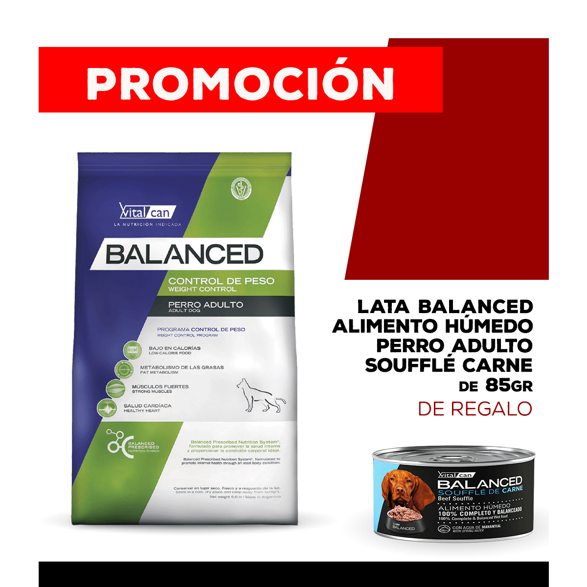 Alimento VitalCan Balanced Perro Control Peso All Ages x 3kg + Balanced Souffl� Perro Adulto Sabor Carne Lata x 85gr DE REGALO