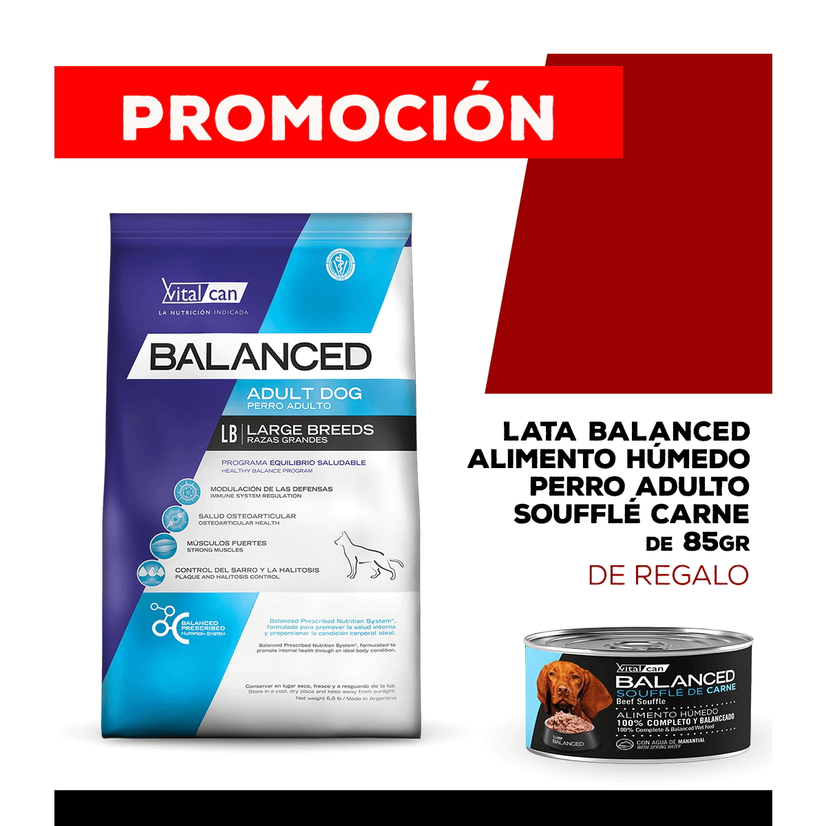 Alimento VitalCan Balanced Perro Adulto Raza Grande x 3kg + Balanced Souffl� Perro Adulto Sabor Carne Lata x 85gr DE REGALO