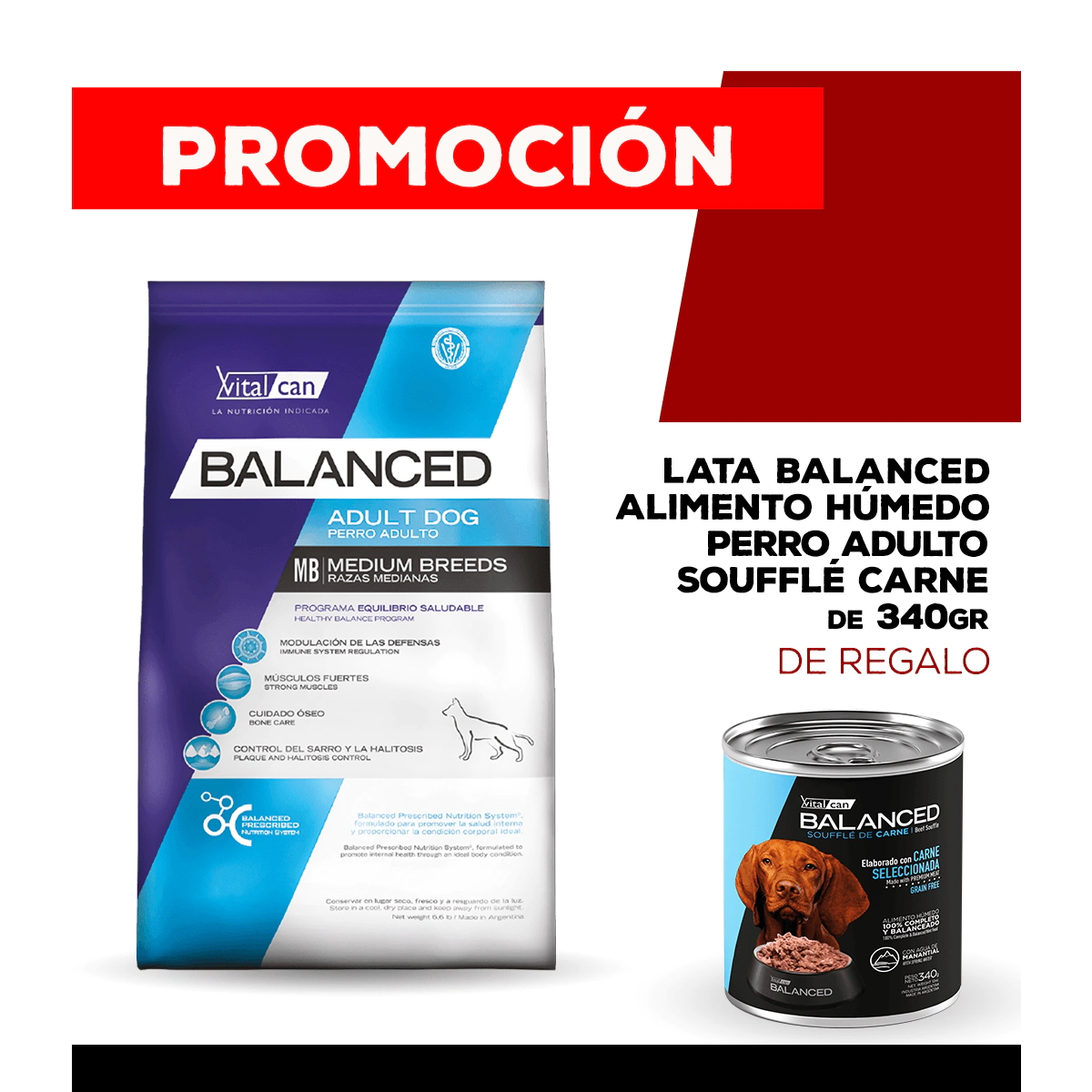 Alimento VitalCan Balanced Perro Adulto Raza Mediana x 20kg + Balanced Souffl� Perro Adulto Sabor Pollo Lata x 340gr DE REGALO