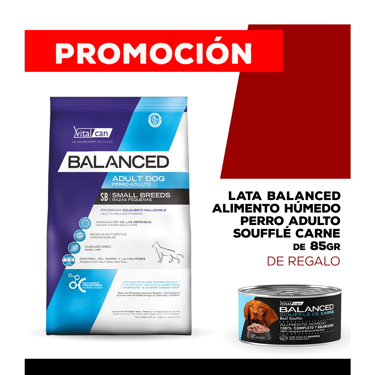 Alimento VitalCan Balanced Perro Adulto Raza Peque�a x 7,5kg + Balanced Souffl� Perro Adulto Sabor Carne Lata x 85gr DE REGALO