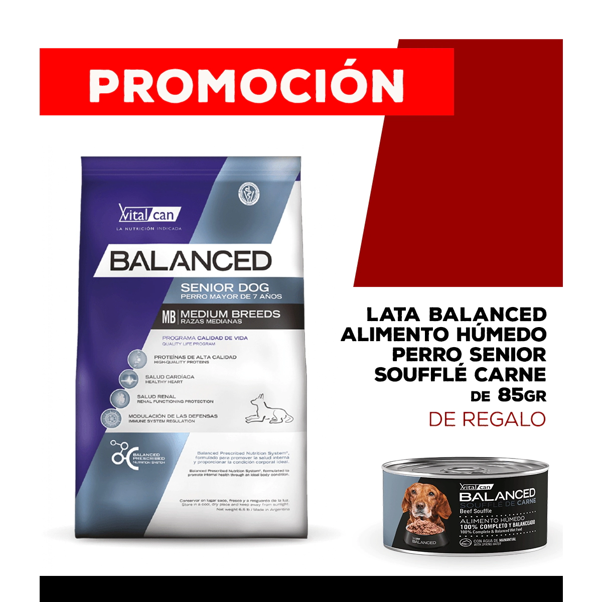Alimento VitalCan Balanced Perro Senior Raza Mediana x 12kg + Balanced Souffl� Perro Senior Sabor Carne Lata x 85gr DE REGALO
