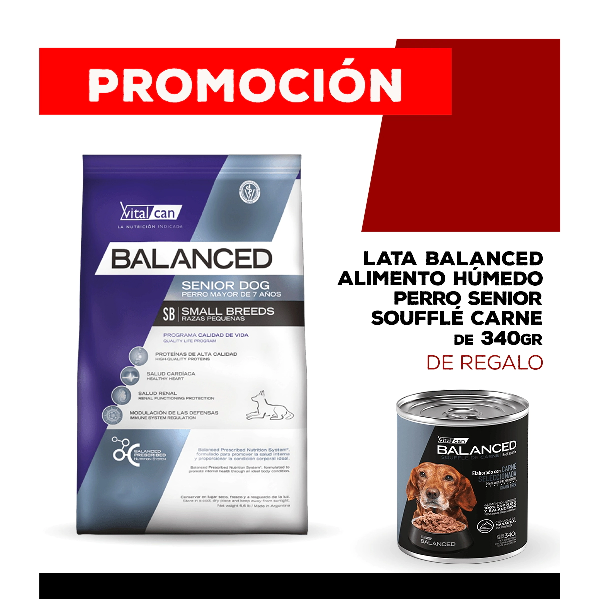 Alimento VitalCan Balanced Perro Senior Raza Peque�a x 3kg + Balanced Souffl� Perro Senior Sabor Carne Lata x 340gr DE REGALO